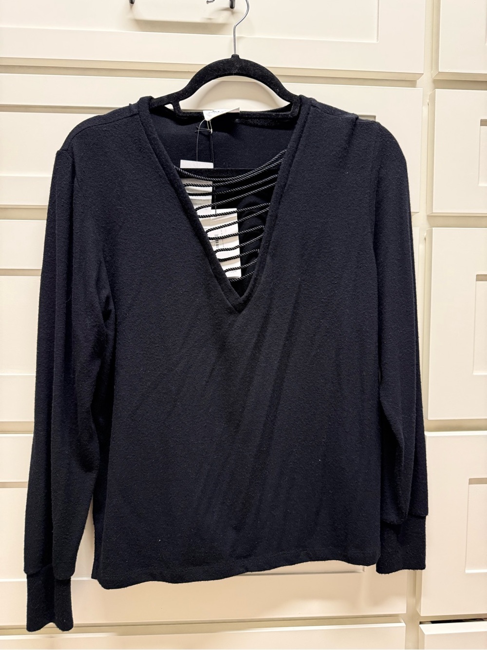 LNA Black V-Neck Long Sleeve Top with Strappy Inset